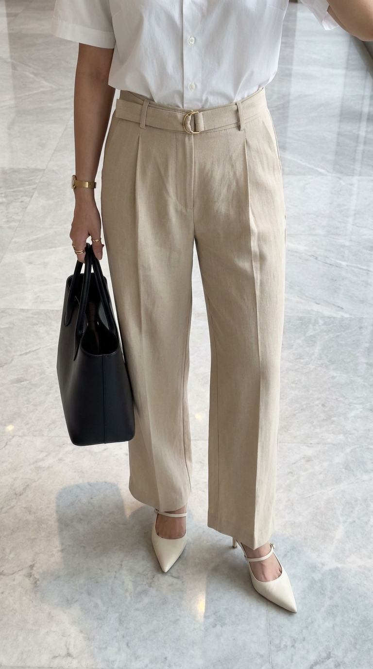 Beige Linen Tailoring Work Outfits Summer 2024 Fresh and elegant work outfit for summer featuring beige linen high-waisted straight-leg trousers and a matching blazer, paired with an off-white ribbed knit top. Tan leather loafers, a white mini top-handle bag, and gold stud earrings complete this sophisticated business casual look.