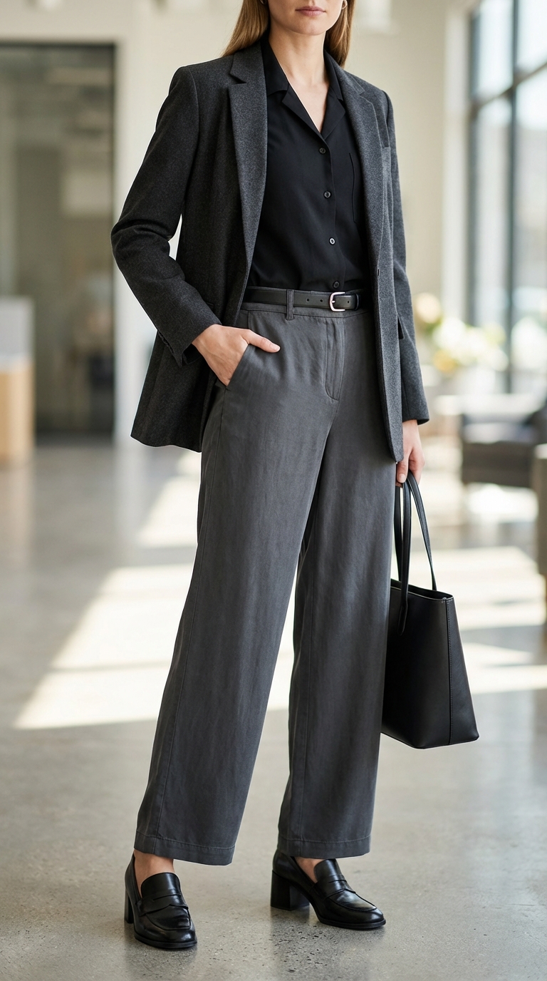 Contemporary Bermuda Shorts Work Outfits Summer 2024 Modern and comfortable work outfit for summer combining black high-waisted tailored Bermuda shorts, a light grey silk-blend shell top, and a lightweight charcoal grey linen-blend blazer. Accessorized with black flat mules and a small shoulder bag, this is a refined option for casual Fridays or creative office environments.