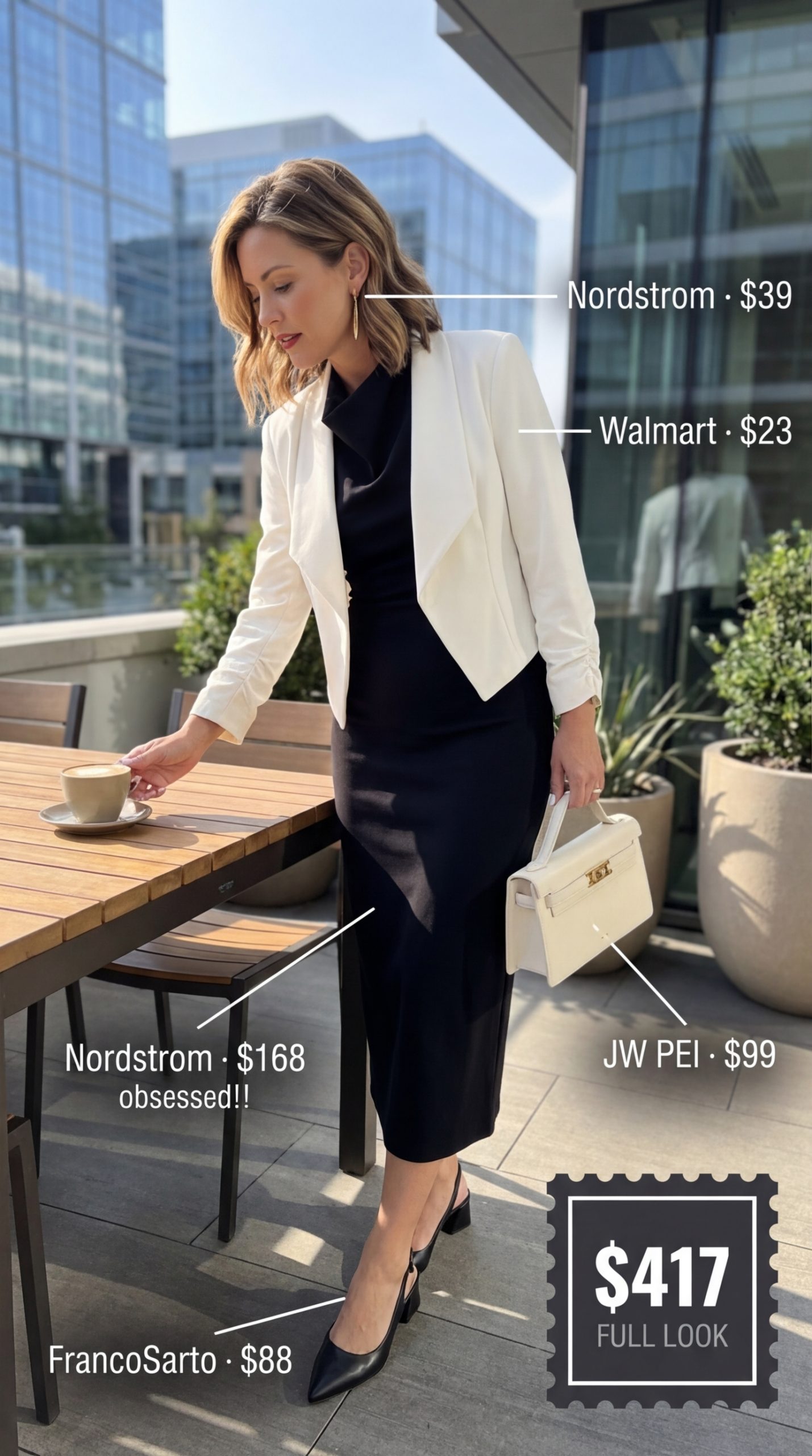 Cool & Collected Column Dress for Summer Work 2024 Sophisticated black column midi dress with a white cropped blazer, black slingbacks, and gold accents, ideal work outfits for summer.