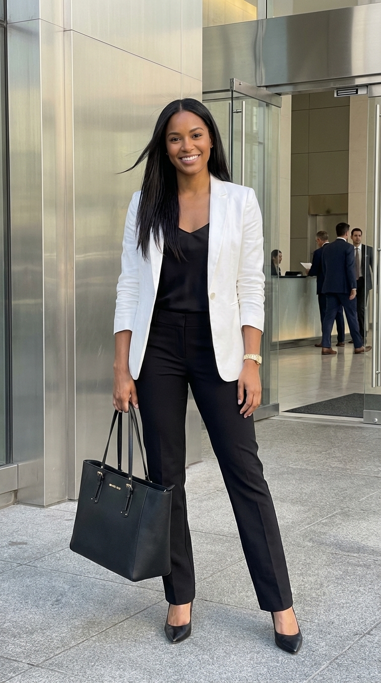Summer Blazer Power: Professional Work Outfits 2024 White linen blend blazer with black silk camisole and tailored trousers, accessorized with black pumps and a structured tote – sharp work outfits for summer.