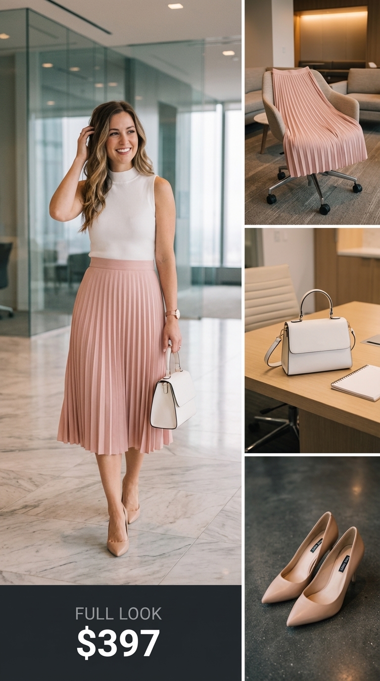 Polished Pleated Skirt Work Outfits Summer 2024 Elegant and refined work outfit for summer, showcasing a blush pink satin pleated midi skirt paired with an off-white ribbed knit mock-neck top. Nude pink leather pumps, a cream structured top-handle bag, and a rose gold watch create a polished look for office days or meetings.