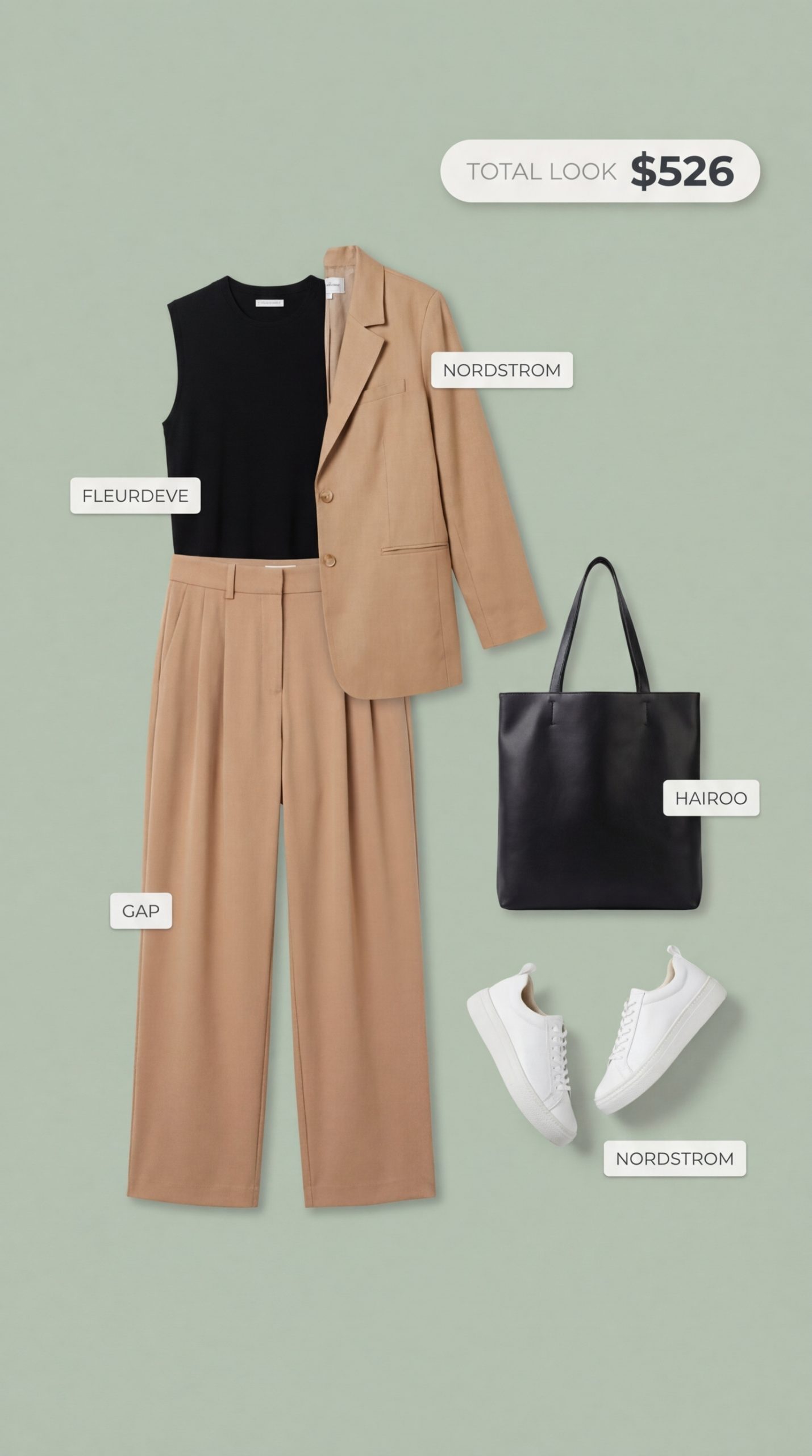 Relaxed Tailoring Work Outfits Summer 2024 Relaxed tailoring for a creative work outfit for summer, featuring camel wide-leg trousers, a black sleeveless knit top, and a cream soft, unlined blazer. White leather platform sneakers and a large black shoulder bag offer a modern, comfortable vibe for casual Fridays or creative meetings.