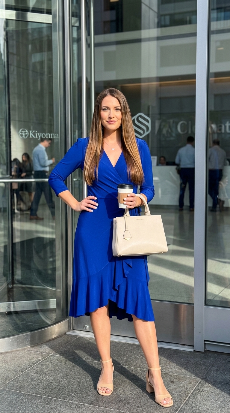Graceful cobalt blue viscose crepe midi wrap dress paired with nude block-heel sandals and a cream structured top-handle bag. A delicate silver pendant necklace completes this feminine work outfit for summer, ideal for office days or business lunches.
