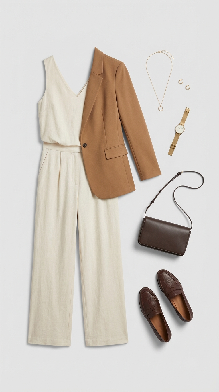 Polished Cream Jumpsuit Outfit for Summer Work 2024 Sleek cream sleeveless wide-leg jumpsuit with brown suede pumps and a dark brown structured handbag, ideal work outfits for summer.