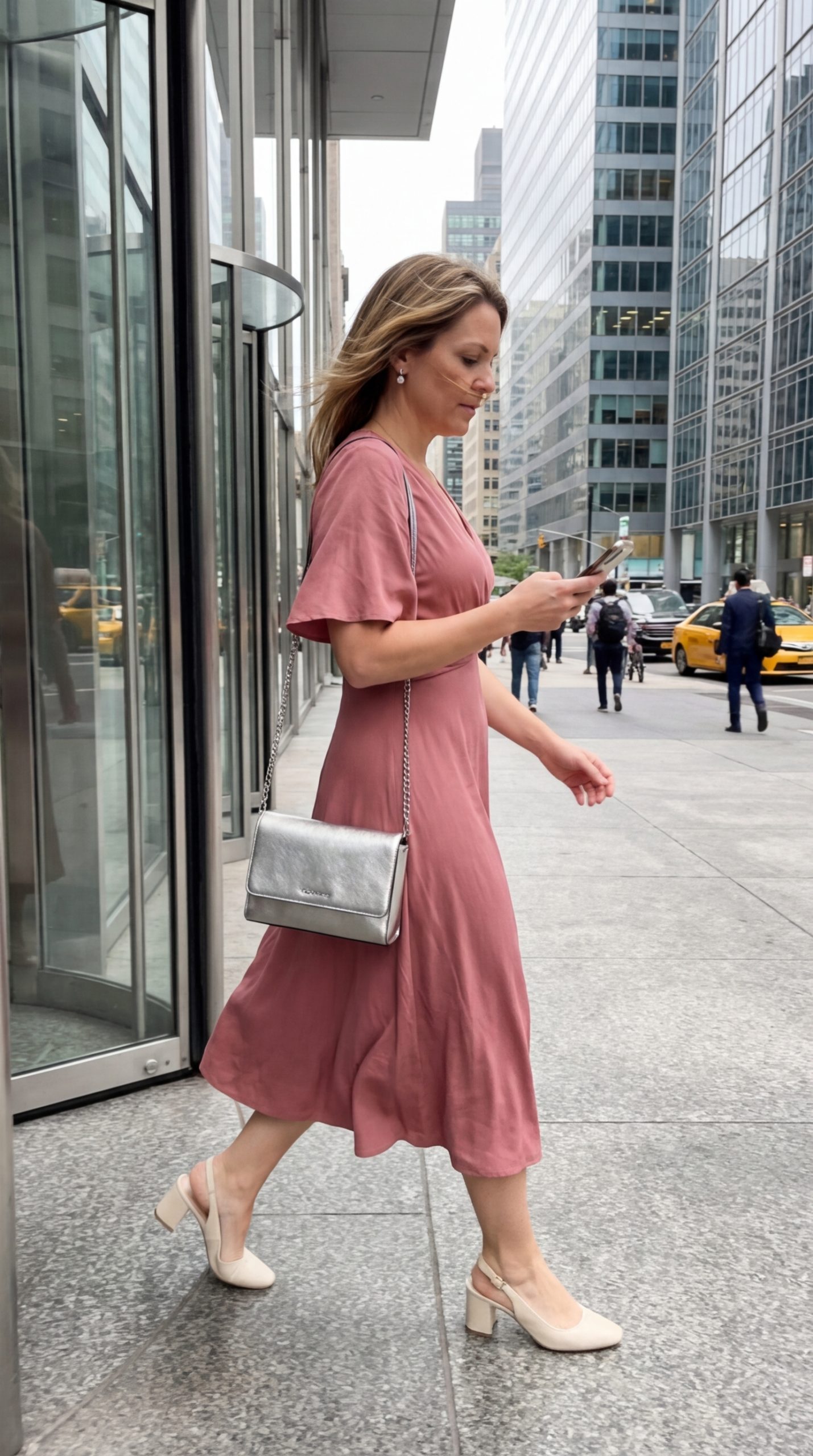 Effortless Chic Dusty Rose Dress for Summer Work 2024 Chic dusty rose cotton poplin midi shirt dress with cream block heel sandals and a silver shoulder bag, perfect work outfits for summer.