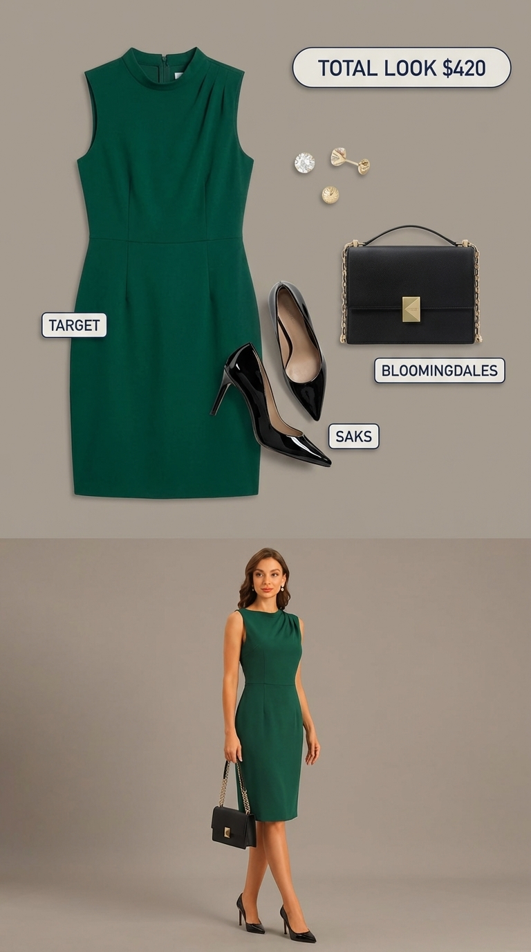 Elegant Summer Presentation: Work Outfits for Women 2024 Elegant emerald green sheath dress with black pumps, a small shoulder bag, and gold stud earrings, perfect work outfits for summer presentations.
