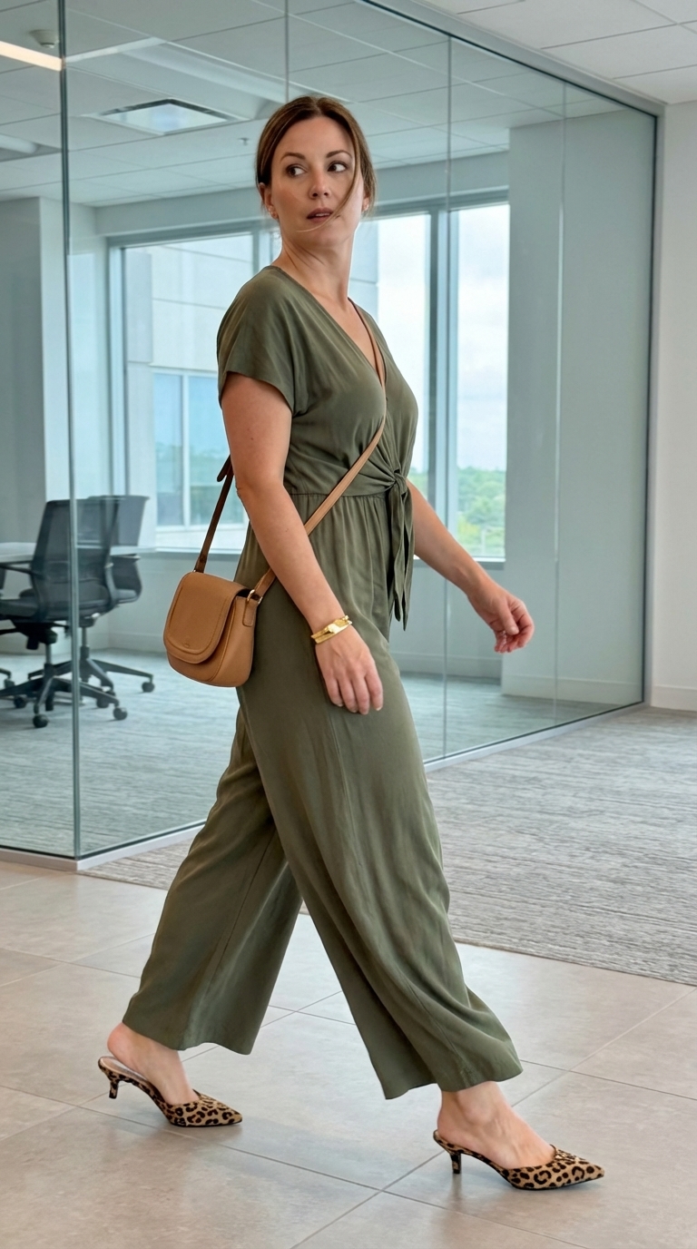 Soft Power Green Jumpsuit for Summer Work 2024 Chic forest green wide-leg jumpsuit with a V-neck, leopard print mules, and a tan crossbody bag, perfect work outfits for summer.