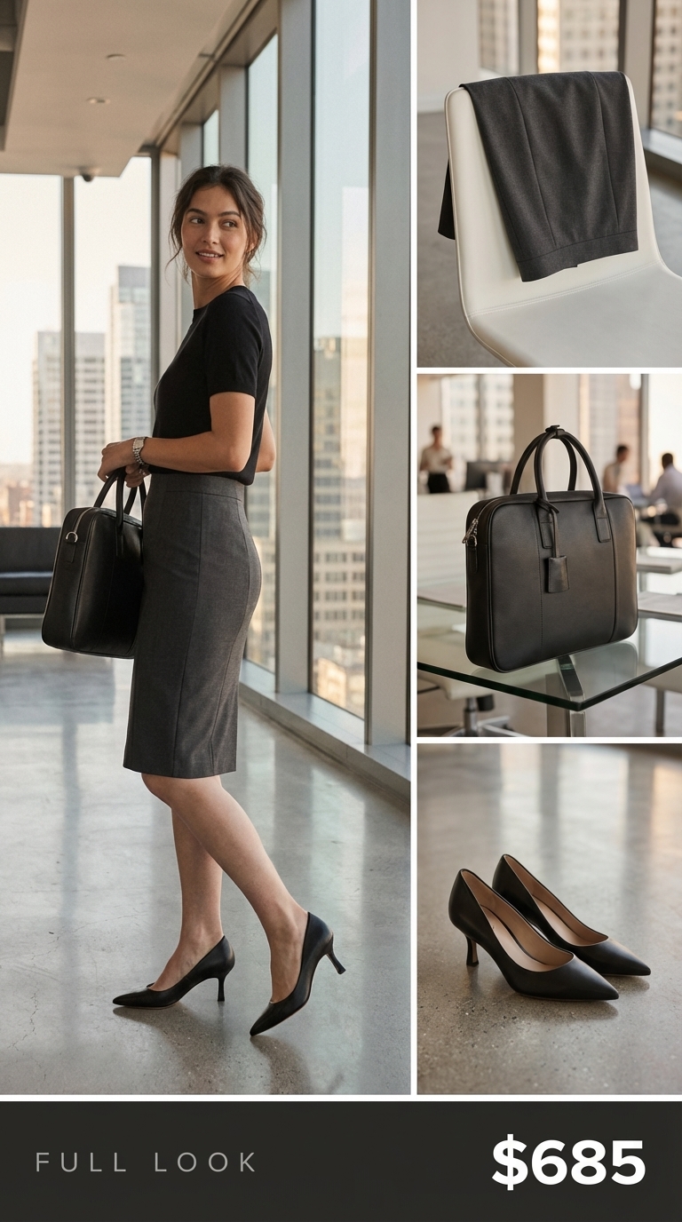 Modern Minimalist Office: Summer Work Outfits for Women 2024 Charcoal grey wool blend pencil skirt with a black knit top, black pumps, and a leather briefcase-style bag – minimalist work outfits for summer.