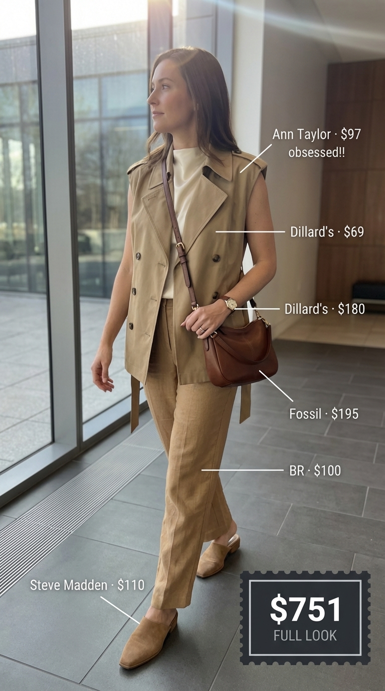 Summer Linen & Luxe: Business Casual Work Outfits 2024 Olive green linen pants, cream sleeveless blouse, and a tan trench vest creating a chic, relaxed work outfit for summer.