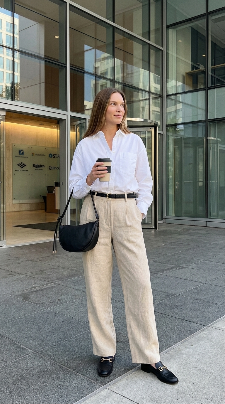 Chic Summer Business Casual: Work Outfits for Hot Weather 2024 High-waisted beige linen trousers with a white button-down shirt, black loafers, and a structured black bag, ideal work outfits for summer business casual.