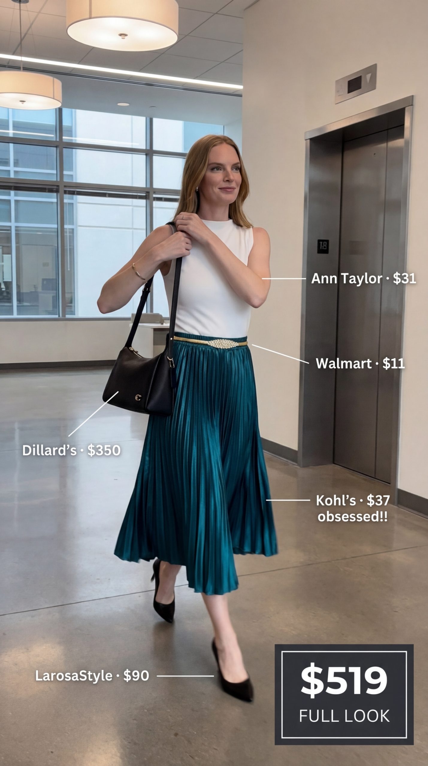 Polished Pleats: Smart Work Outfits for Summer 2024 Deep teal pleated midi skirt, white knit top, black pumps, and a gold belt create elegant work outfits for summer office wear.