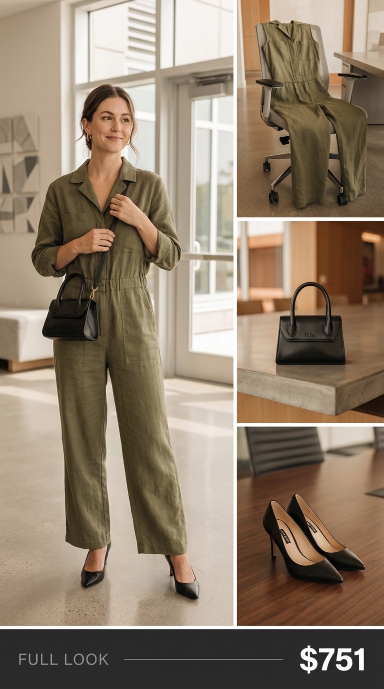 Utility Chic Work Outfits for Summer 2024 Chic work outfit for summer featuring an olive green tailored utility jumpsuit with a belt, black heeled ankle boots, and a black mini top-handle structured bag. Gold hoop earrings add a subtle touch of elegance for a creative office setting.