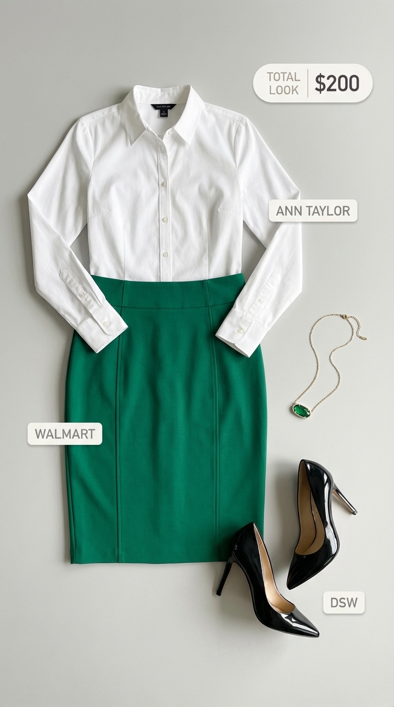 Vibrant Professional Pop: Work Outfits for Summer 2024 Emerald green pencil skirt and white button-down shirt paired with black pumps and a satchel, ideal work outfits for summer office wear.