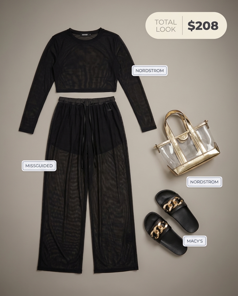 Daring baddie summer beach club outfit: neon orange bikini top, black sheer mesh pants & crop top, black slides, & clear tote for vacation.