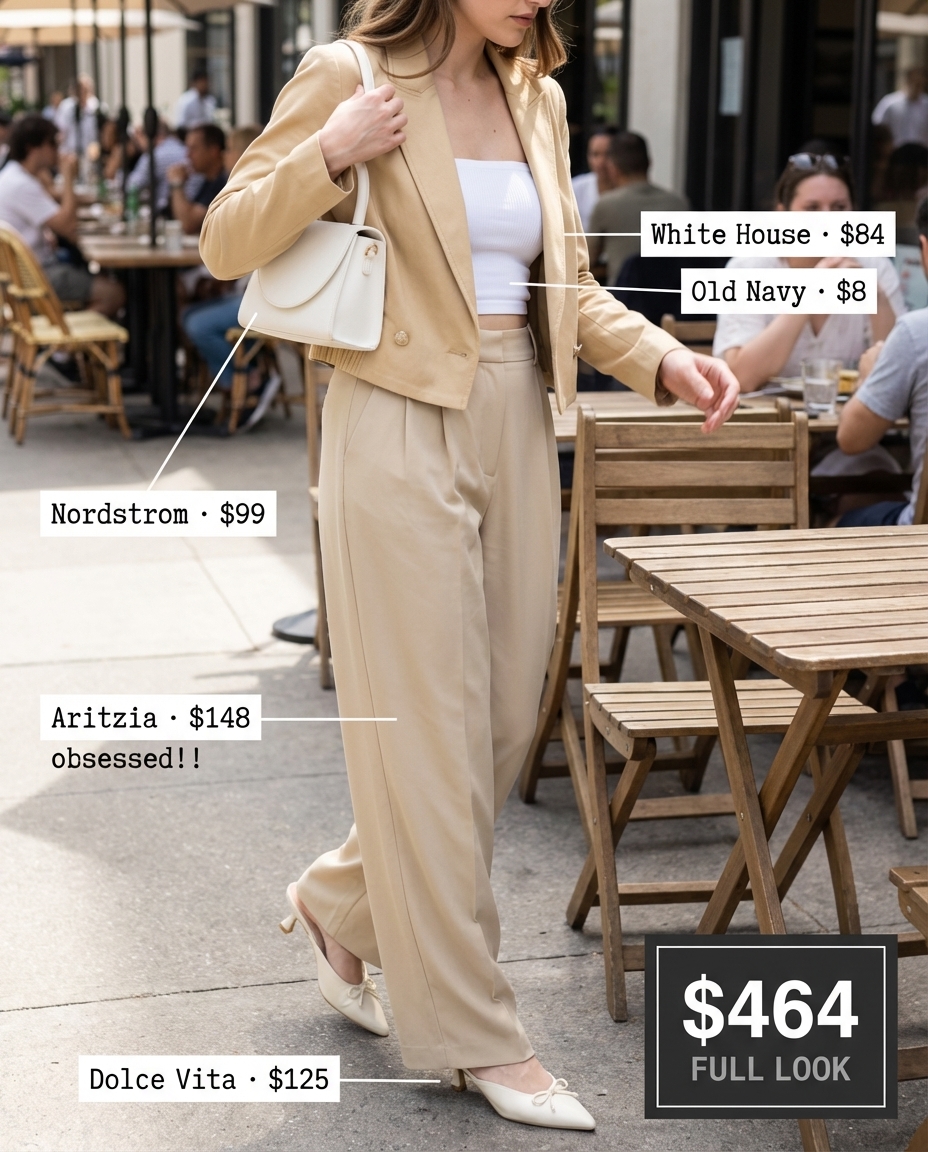 A polished baddie summer outfit for brunch, featuring beige wide-leg trousers, a white ribbed bandeau crop top, and a matching beige cropped blazer.