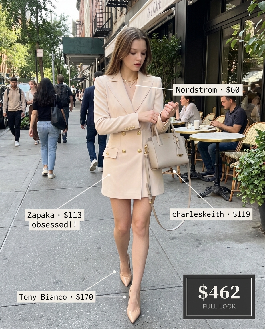 A powerful baddie summer outfit for brunch, showcasing an oversized cream tailored blazer dress, nude stiletto heels, and layered gold necklaces.