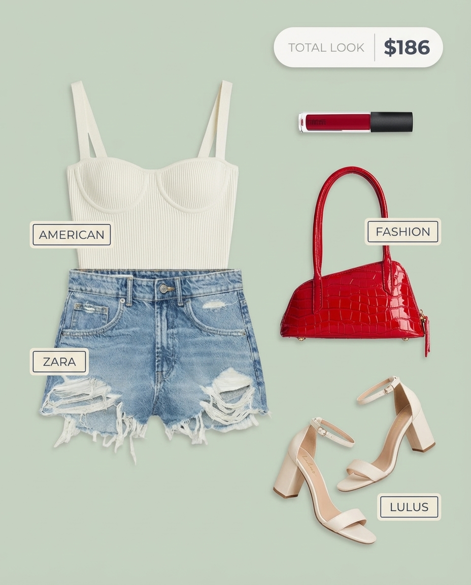 A playful baddie summer outfit for a casual day, featuring distressed denim shorts, a white ribbed bustier crop top, red heels and a red shoulder bag.