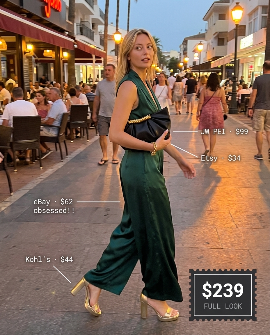 Glamorous baddie summer vacation outfit: emerald green wide-leg satin jumpsuit, gold platform heels, & a black clutch for an evening out.