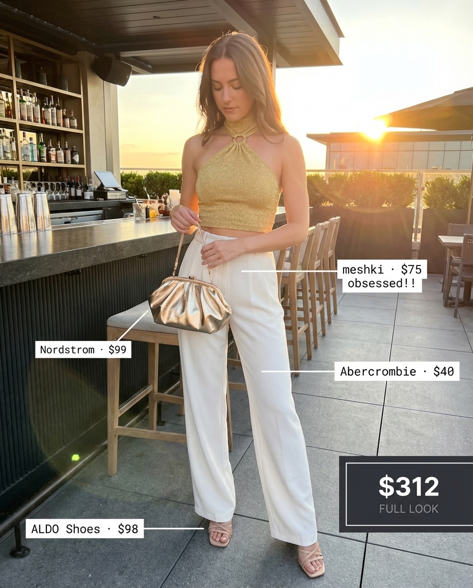 A glamorous baddie summer outfit for a sunset party, featuring a metallic gold knit crop top, wide-leg trousers, and tan block heels.