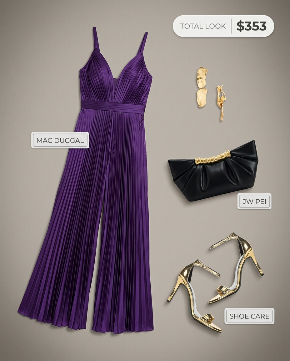 Late Night Luxe baddie summer outfit featuring a deep purple satin wide-leg jumpsuit, metallic gold stiletto heels, and statement gold drop earrings for a cocktail party or formal dinner.