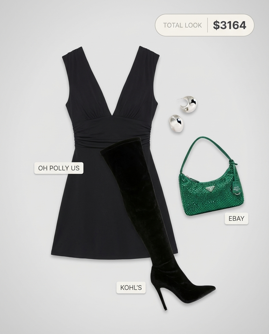 Midnight Siren baddie summer outfit for a night out, featuring a black bodycon mini dress, over-the-knee boots, chunky silver hoops, and an emerald green rhinestone mini bag.