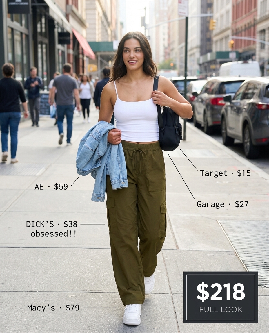 A trendy baddie summer outfit for a casual day out, featuring olive green cargo pants, a white scoop neck crop top, and an oversized denim jacket.