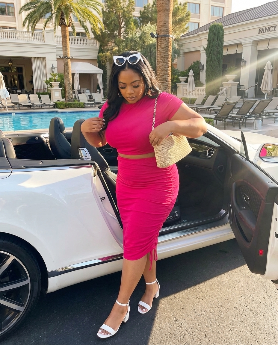 A playful baddie summer outfit for a pool party featuring a hot pink ruched crop top and matching mini skirt set, white block heel sandals, and oversized cat-eye sunglasses.