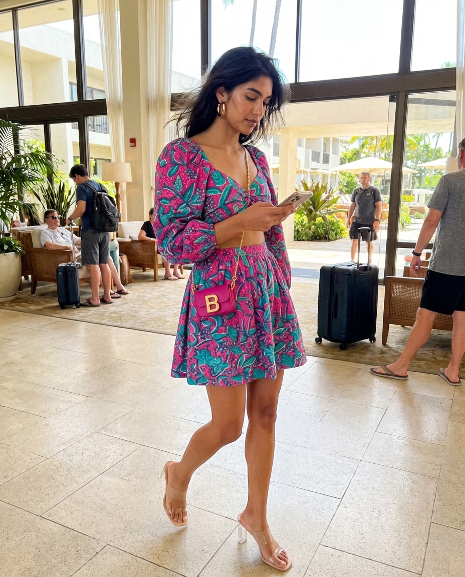 Glamorous baddie summer pool party outfit with a hot pink & aqua print two-piece set, clear strap heels, & gold hoops for vacation.