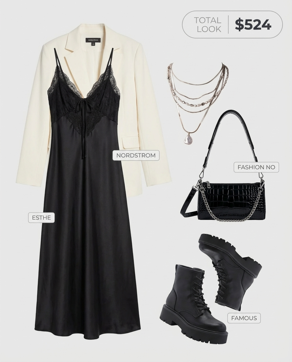Romantic Rebel baddie summer outfit for date night featuring a black lace slip dress, oversized white blazer, black platform combat boots, and layered silver necklaces. Confident evening event style.