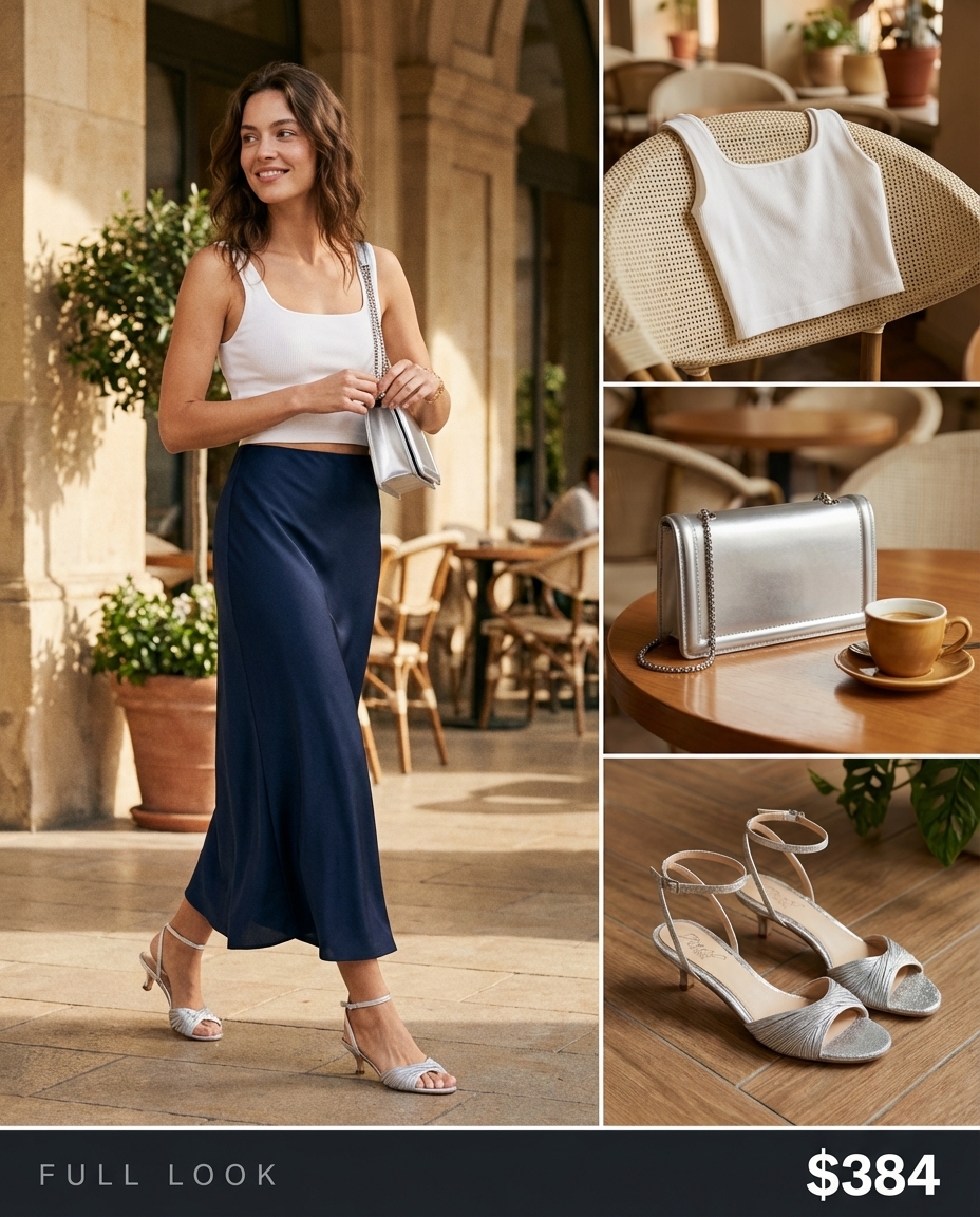Sleek baddie summer outfit with a navy satin midi slip skirt, white ribbed crop top, silver heels, & a metallic mini bag for an evening out.