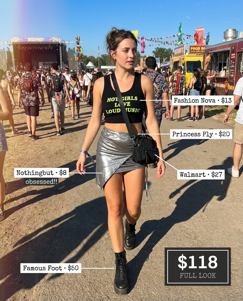 An edgy baddie summer outfit for a music festival, featuring a silver metallic ruched mini skirt, a black graphic crop top, and chunky platform ankle boots.