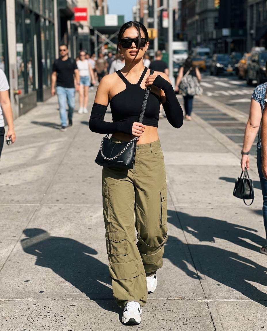 Street Style Vixen baddie summer outfit with olive green wide-leg cargo pants, black cut-out crop top, chunky platform sneakers, and black oversized sunglasses for a casual day.