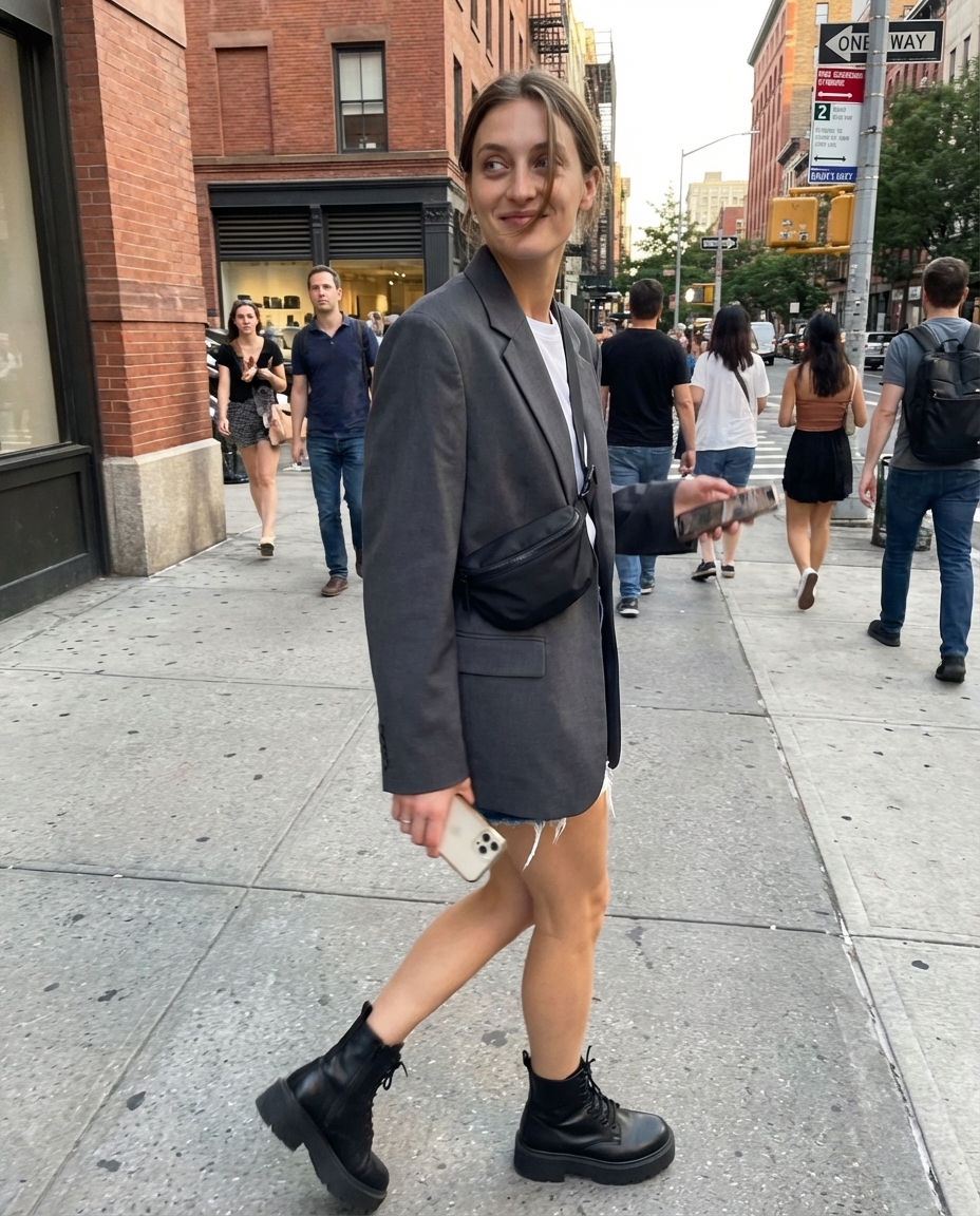 Urban Edge Goddess baddie summer outfit for a concert, featuring distressed denim cutoff shorts, a grey graphic crop top, an oversized black blazer, and black combat boots.