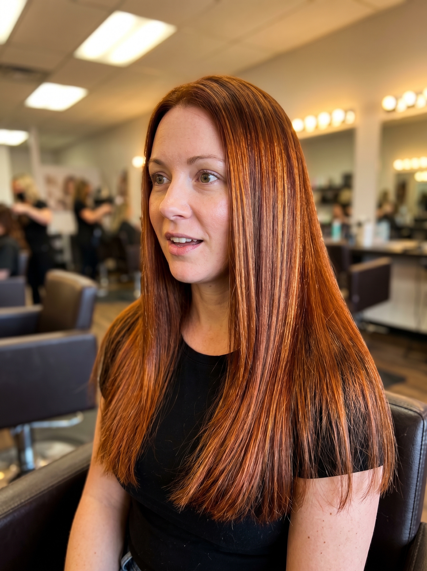 Copper-Gold Ribboning Hair Style 2026 Luxurious 'Copper-Gold Ribboning' hair, showcasing dramatic burnished copper and deep auburn tones with 24k gold, a rich option for copper hair summer ideas 2026.