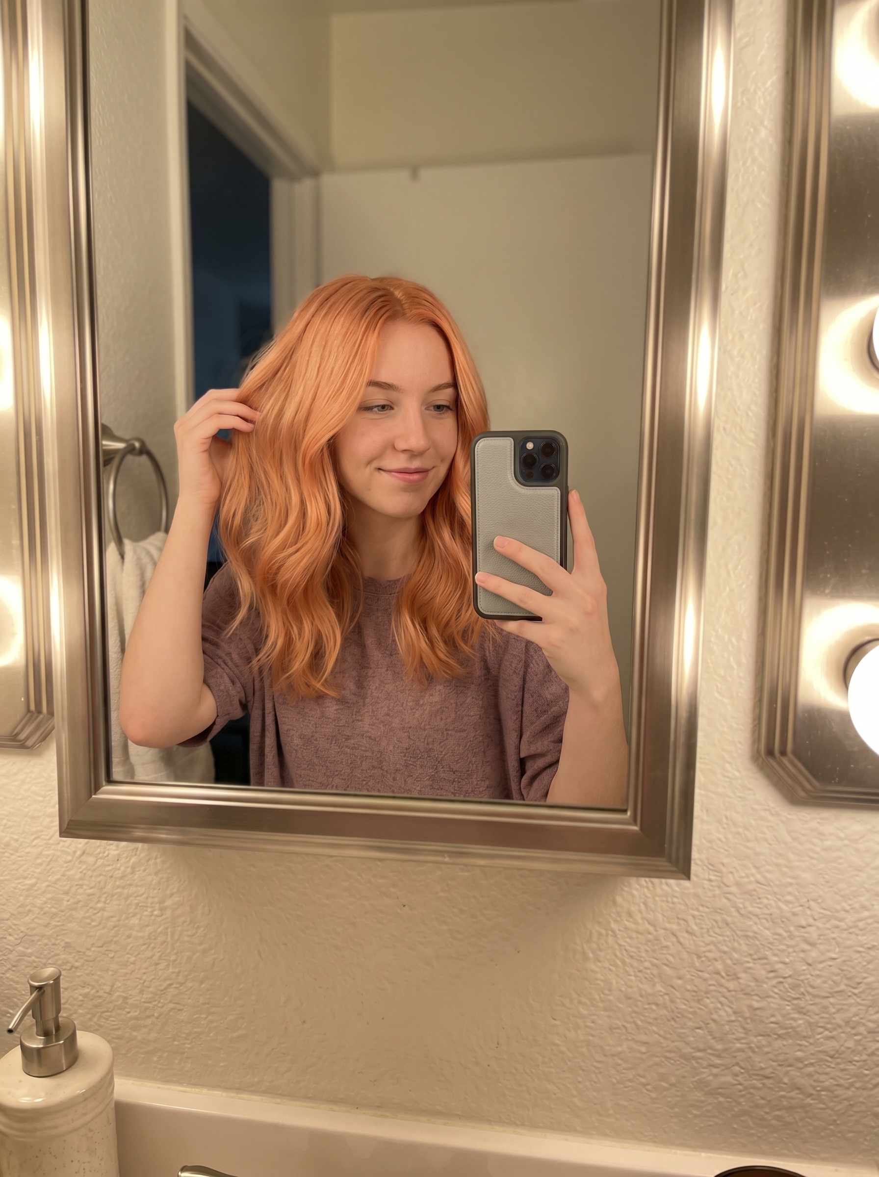 Soft Peach-Copper Glossing Summer 2026 Soft and ethereal 'Peach-Copper Glossing' for copper hair summer ideas 2026, featuring Peach Fuzz and soft copper hues with a strawberry blonde sheen.