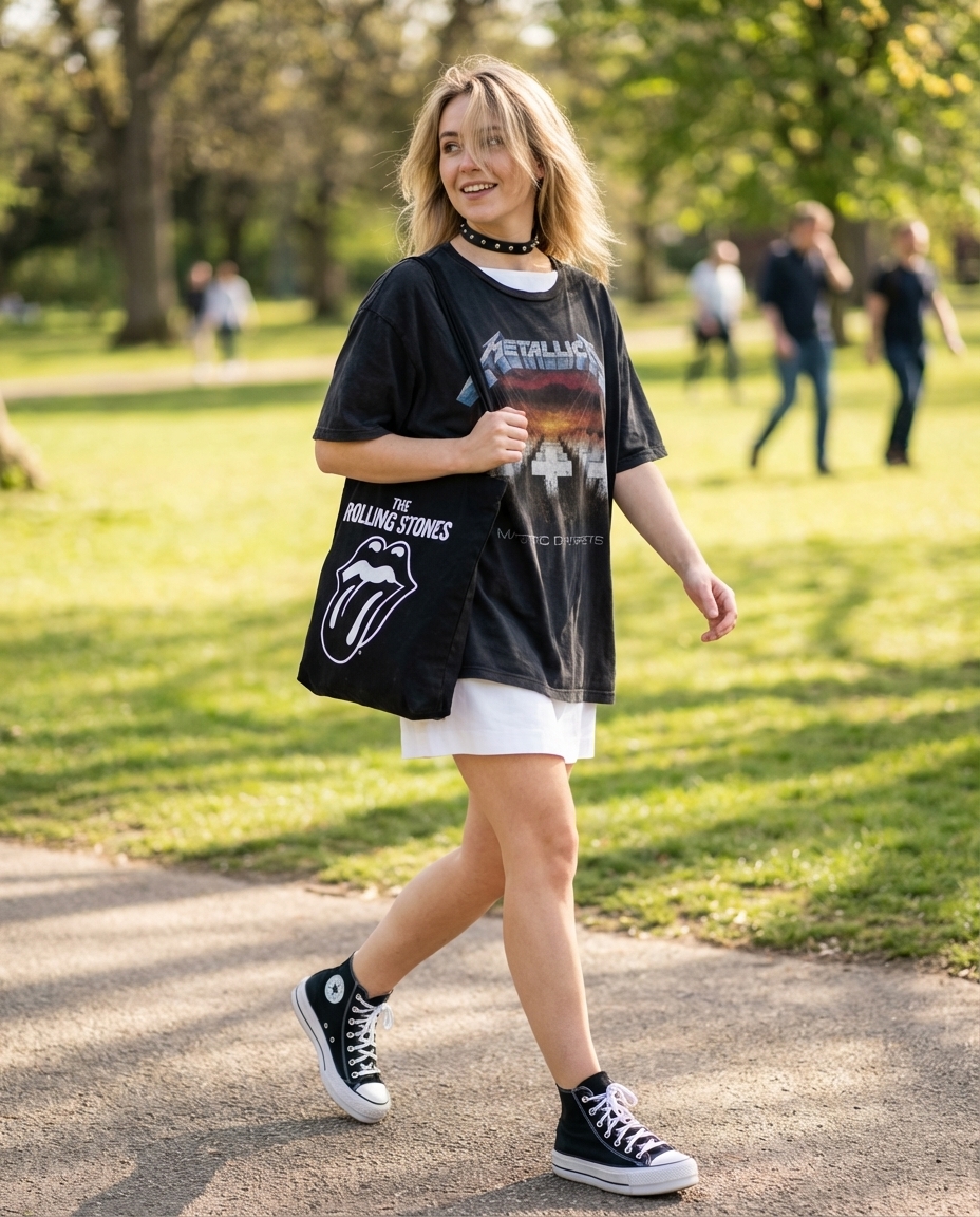 Black and white striped mini dress layered with a vintage band tee and chunky platform sneakers, perfect for grungy summer outfits.