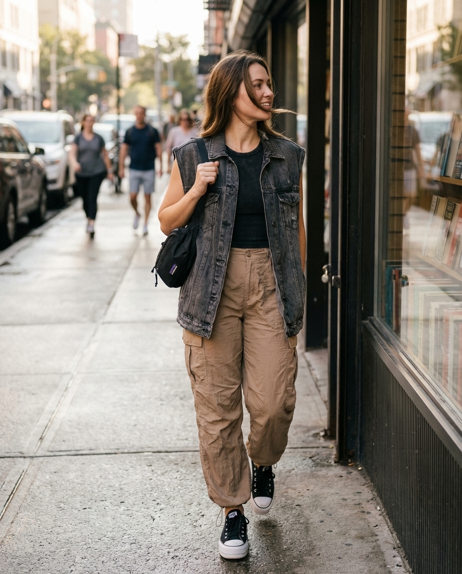 Relaxed streetwear outfit with black cargo pants, a charcoal tank top, and a distressed denim vest, a key look for grungy summer outfits.