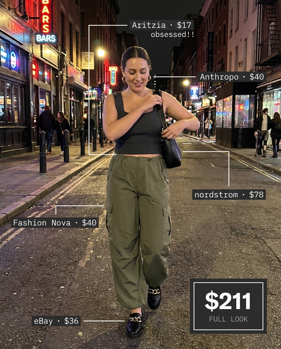 An assertive night out look with olive green cargo pants, a black ribbed crop top, and chunky loafers, perfect for grungy summer outfits.