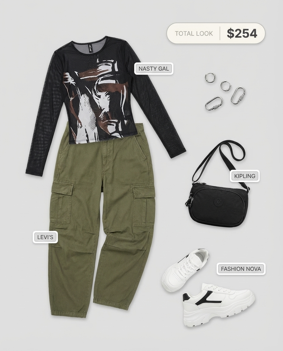 An edgy urban outfit features high-waisted olive green cargo pants, a black and white mesh top, and chunky platform sneakers, embodying grungy summer outfits.