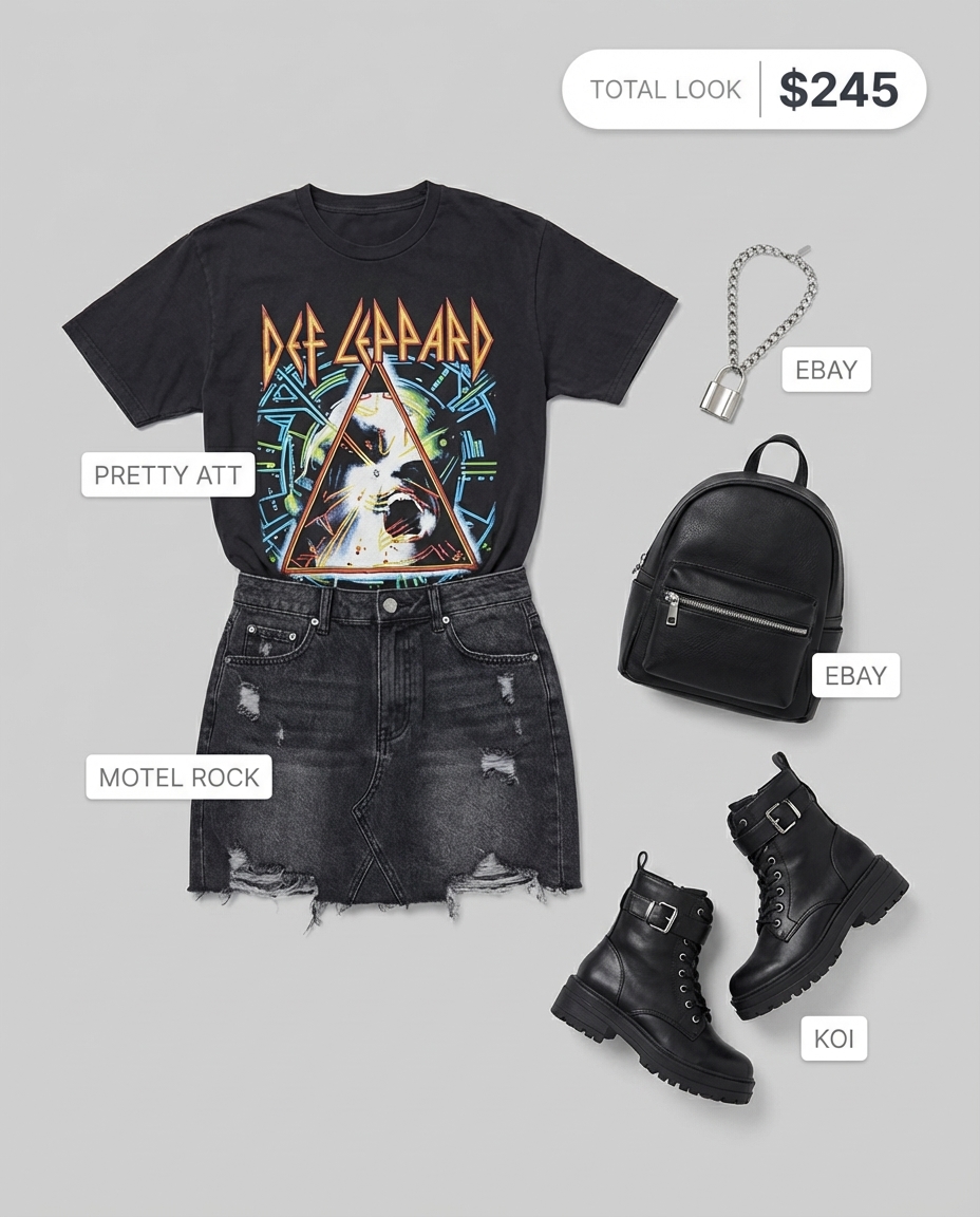 Oversized band t-shirt with a faded black distressed denim mini skirt and combat boots creating stylish grungy summer outfits.