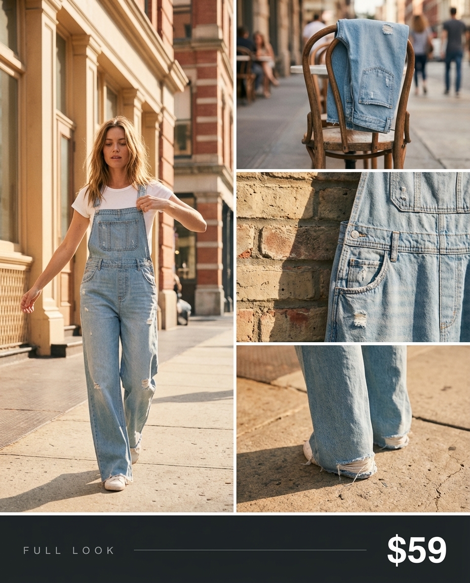 Model in light wash ripped denim overalls for grungy summer outfits, creating a playful, rebellious aesthetic for daytime casual wear.