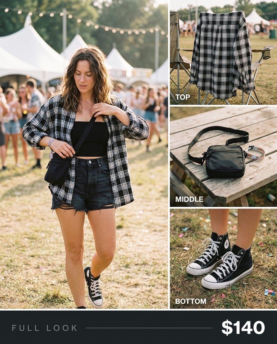 A festival-ready outfit featuring high-waisted black ripped denim shorts, a ribbed bandeau, and an oversized plaid flannel, showcasing grungy summer outfits.