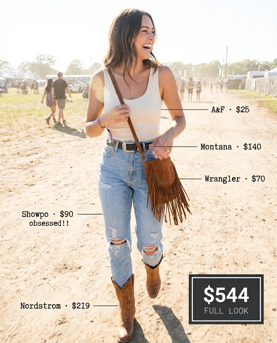 Cream ribbed tank top and high-waisted distressed black straight-leg jeans with cowboy boots, defining grungy summer outfits.