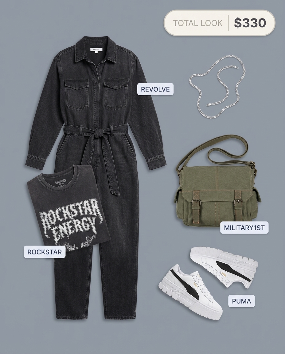 A woman wears a black utility jumpsuit over a white graphic tee with chunky white platform sneakers and an olive green tote bag, perfect for grungy summer outfits.