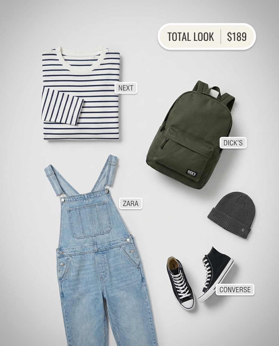 Black and white striped long-sleeve tee with light wash ripped denim overalls for grungy summer outfits, ideal for a creative hangout.