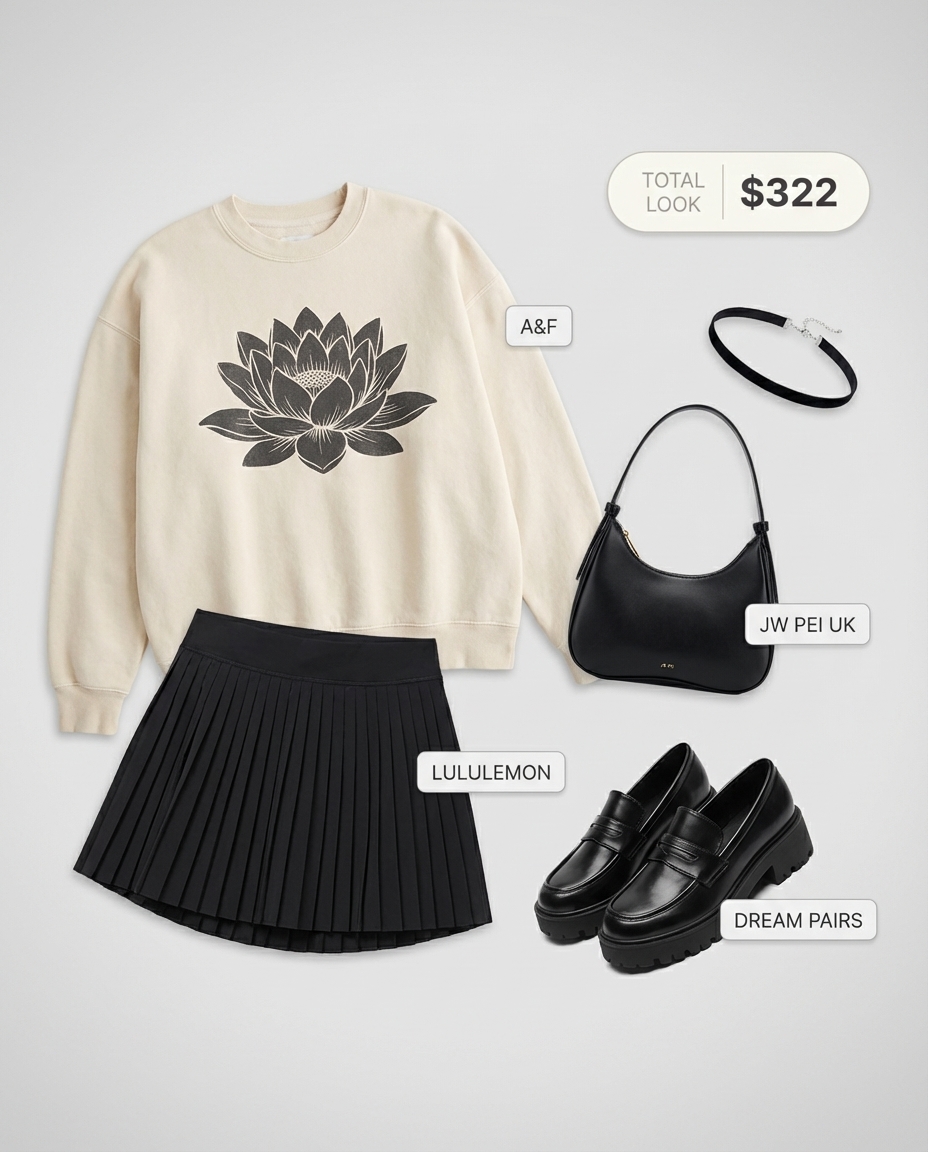 Oversized graphic sweatshirt with a black pleated tennis skirt and chunky platform loafers, offering a dark academia take on grungy summer outfits.