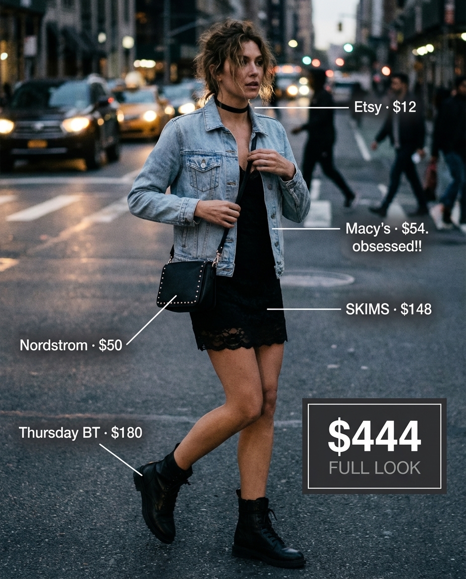 Model wears a black mini slip dress layered with an oversized light wash distressed denim jacket, styled for grungy summer outfits.