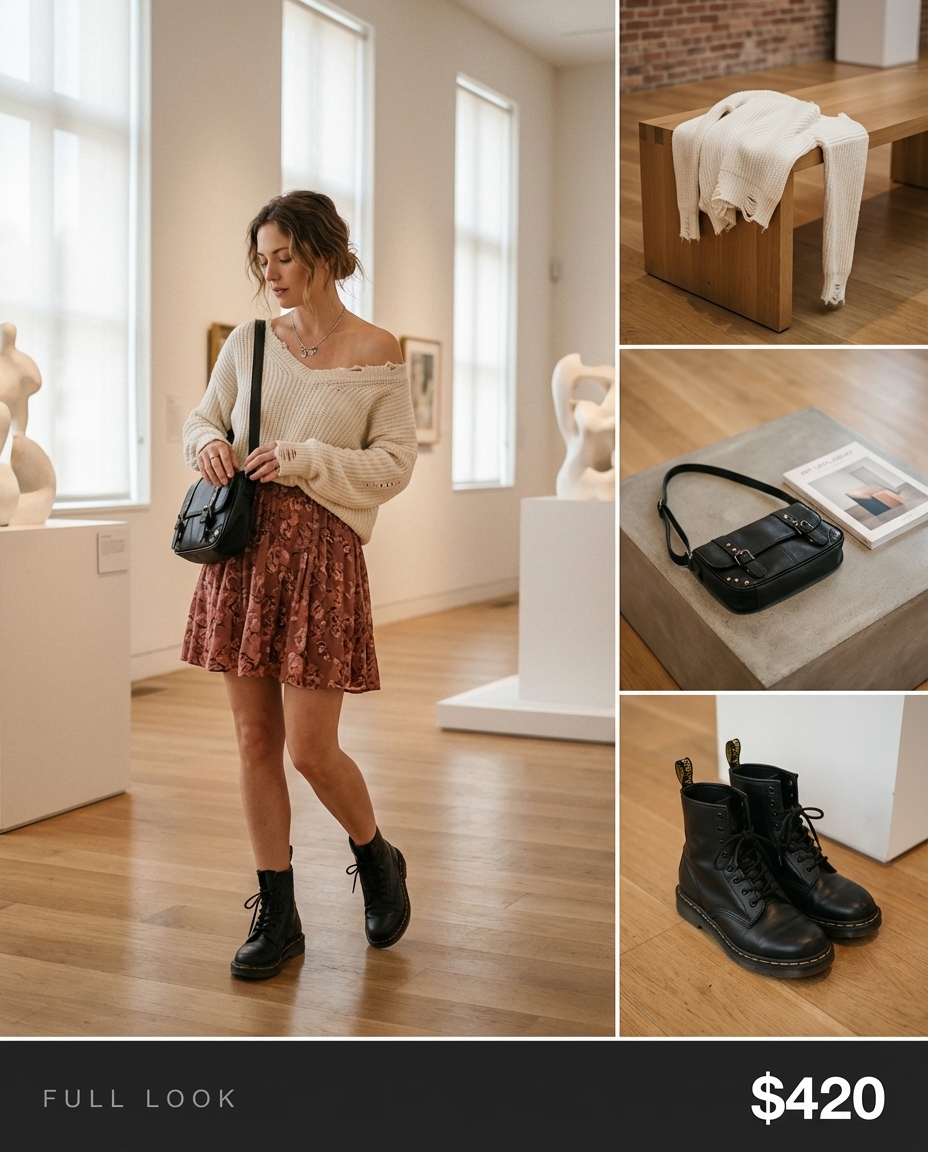 A romantic soft grunge outfit with a distressed cream open-knit sweater, dark floral mini skirt, and black combat boots, perfect for grungy summer outfits.