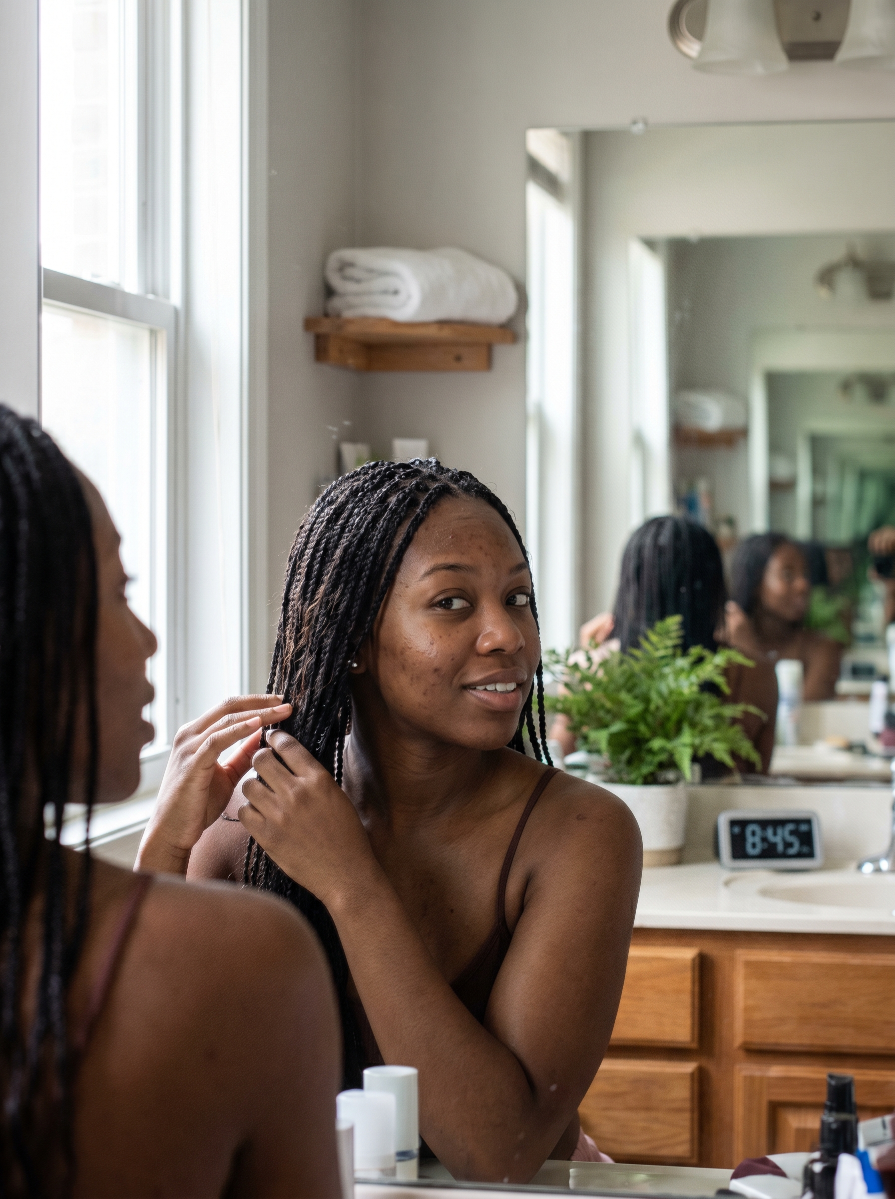 Edgy Wet-Look Micro-Braids for Summer 2026 Futuristic wet-look micro-braids, an edgy option for hairstyles summer medium hair 2026. This festival-chic style uses high-gloss gel and shine spray for a playful, sleek finish.