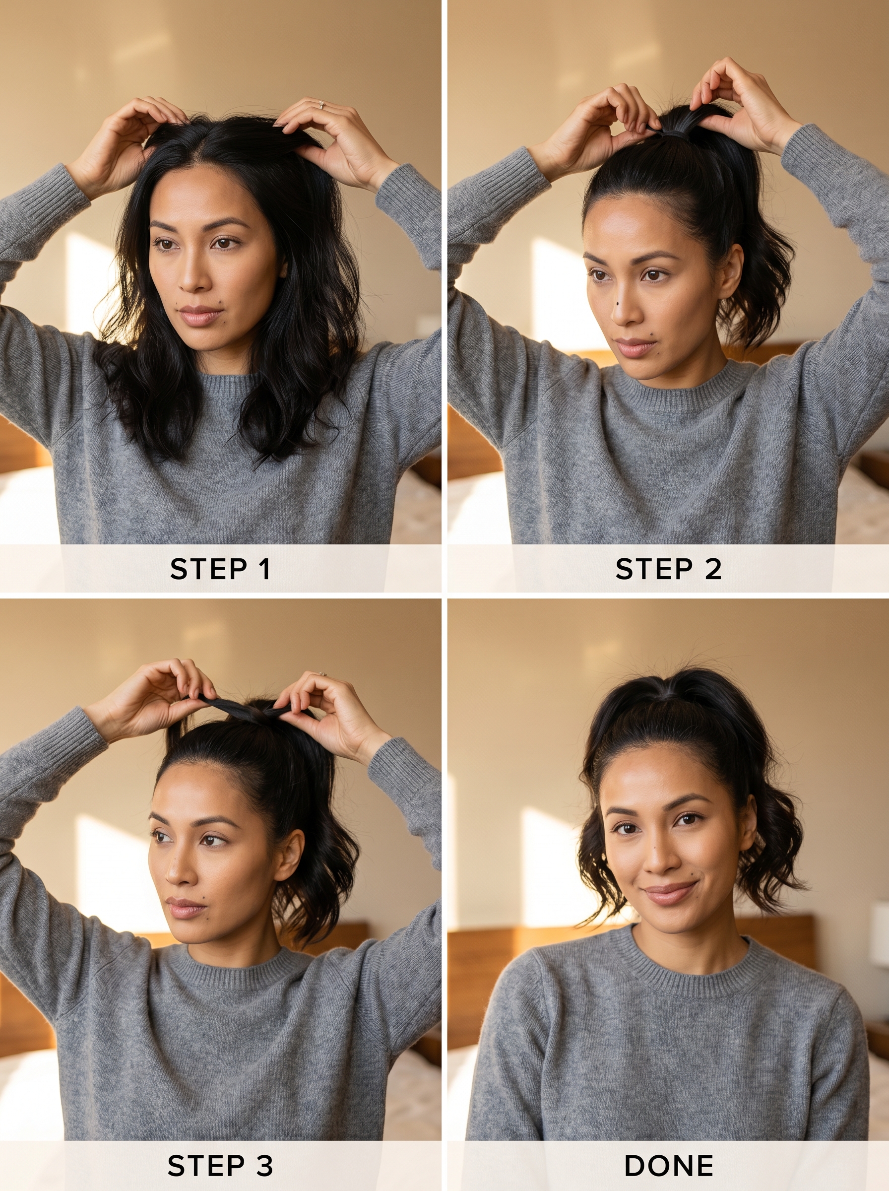 Glam Coiled Midi-Pony: Hairstyles Summer Medium Hair 2026 Glamorous coiled midi-pony with a metallic cuff, perfect for hairstyles summer medium hair 2026. This voluminous, protected look is ideal for festivals or date nights, featuring defined curls and a sleek finish.